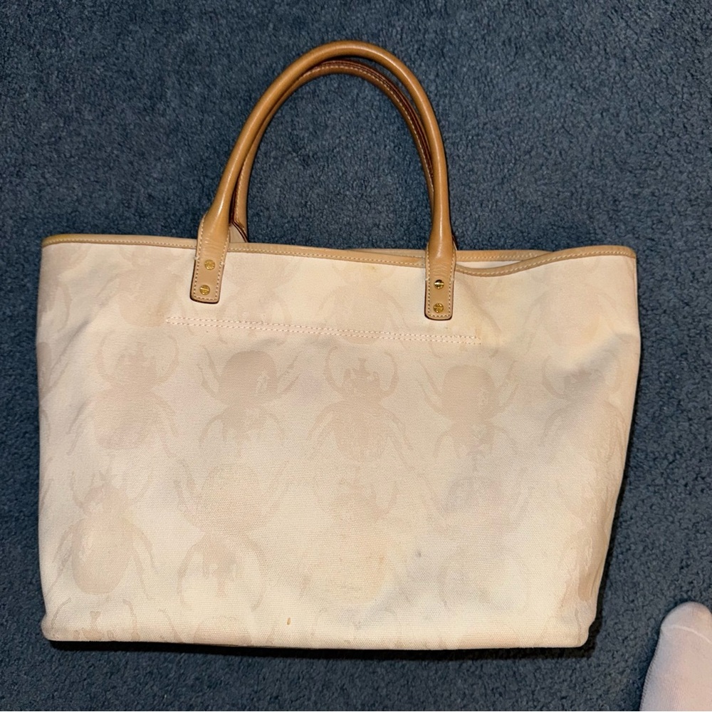 India Hicks Mayfair Beetle Tote Canvas Leather Tassel Charm Tan Cream - Picture 9 of 13